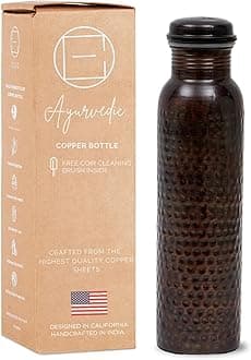 Hammered Copper Bottle Yoga Ayurvedic Water Bottle, Leak-Proof Copper Vessel for Travel, Joint-Free 100% Pure Copper Water Bottle for Drinking, Thermos, 32 Oz Black Antique