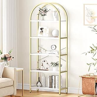 IDEALHOUSE Bookshelf 5 Tier Bookcase Arched Display Racks Tall Standing Bookshelves Metal Frame Modern Storage Rack Shelf Large Wood Book Shelf for Bedroom, Living Room, Home Office, White/Gold