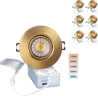 3-inch LED Recessed Lights - 5 CCT 3 Inch Eyeball Ceilling Gimbal Potlight, Dimmable Recessed Lights Fixture with Junction Box, 8W CCT Adjustable, Shiny Gold, 6P