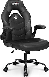 N-GEN Video Gaming Chair Ergonomic Computer Desk Office Chair with Lumbar Support Adjustable Height Swivel Wheels Flip-Up Arms PU Leather Home and Office (Black)