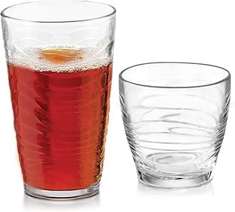 Libbey Orbita Rocks and Tumbler Drinking Glasses Set of 16, Durable Glass Cups Set with Wave Pattern, Glassware Drinking Glasses for Any Occasion