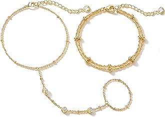 Gold Bracelets for Women, 14k Gold Plated Hand Chain Bracelet, 2 Pcs Gold Ring Bracelets for Women Trendy Dainty Cubic Zirconia Bracelet Ring Bracelet Hand Jewelry Adjustable 6.3'+2'