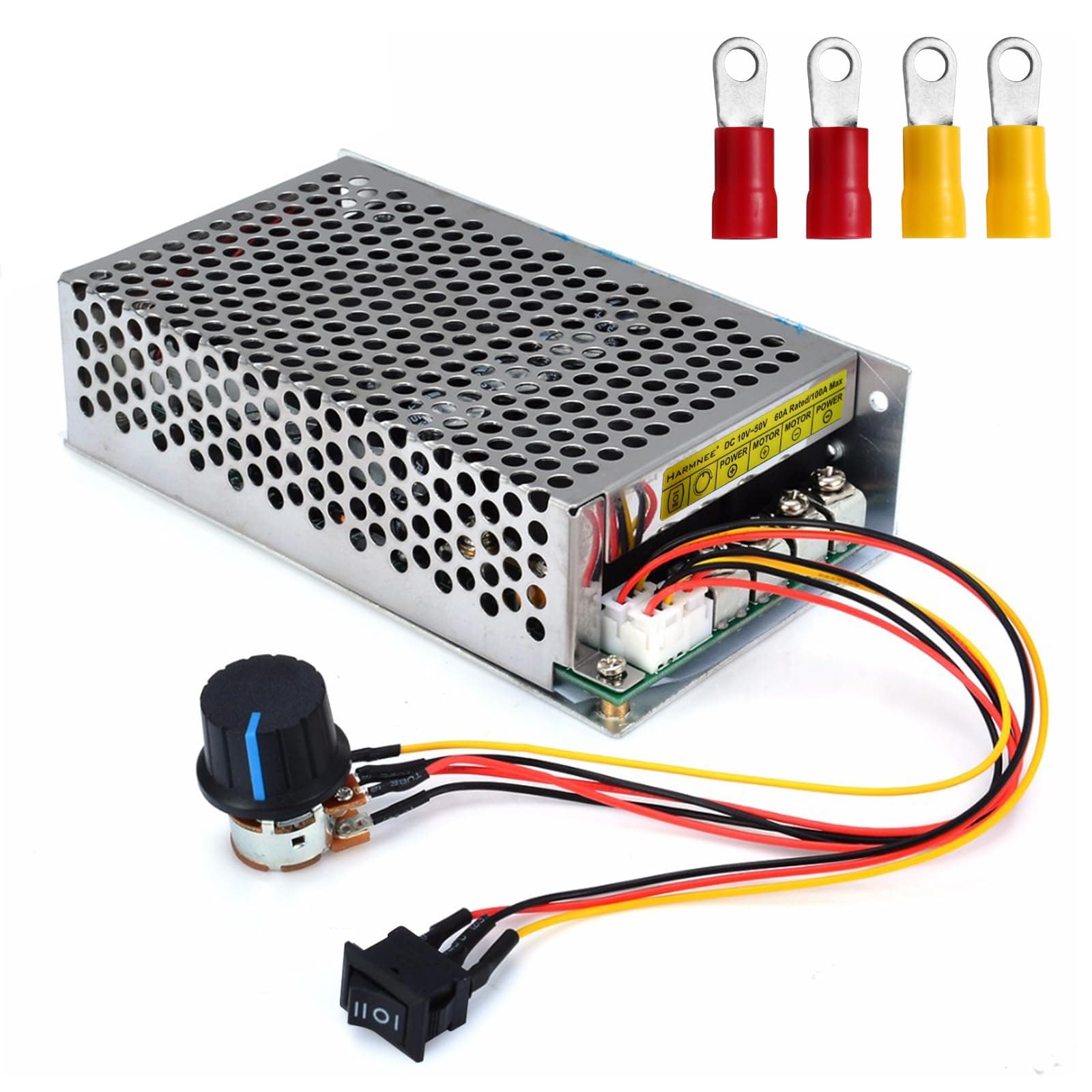 Industrial Grade PWM DC Motor Speed Controller, DC 10V-50V / Rated 60A / Max 100A Industrial Grade DC Brush Motor Controller with Fuse & CW/CCW Switch & Potentiometer Knob