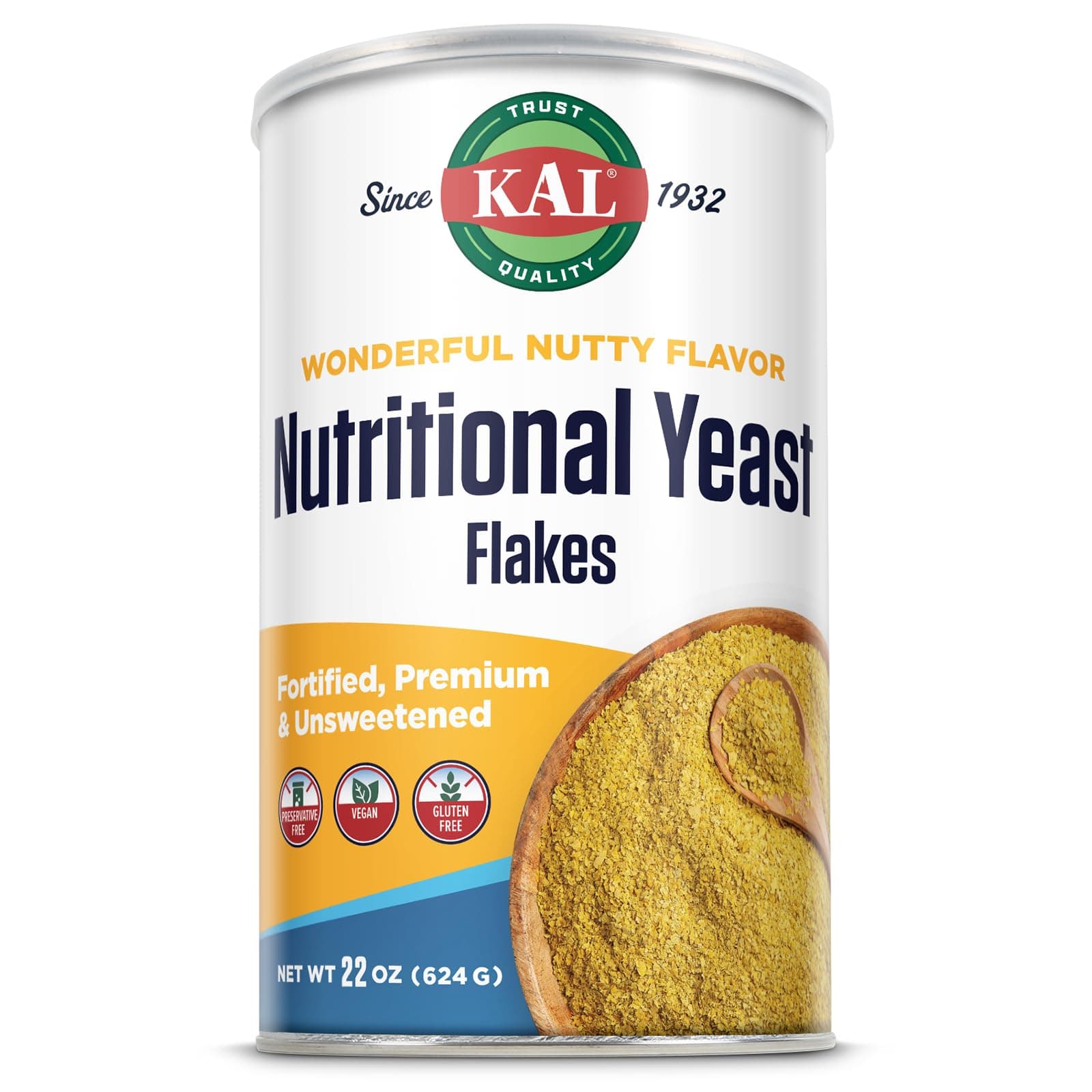 KAL Nutritional Yeast Flakes, Fortified with B12, Folic Acid & Other B Vitamins, Unsweetened, Great Nutty Flavor, Vegan & Gluten Free, 60-Day Money Back Guarantee, Made in the USA, 62 Servings, 22oz