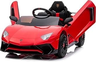 KidzoneKids Electric Ride On 12V Licensed Lamborghini Aventador Battery Powered Sports Car Toy with 2 Speeds, Parent Control, Sound System, LED Headlights & Hydraulic Doors - Red