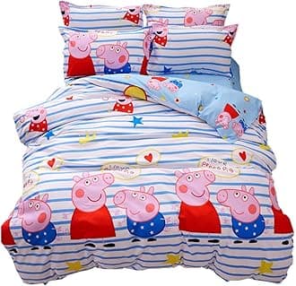 HOLY HOME Kid’s Bedding, Cartoon Pig Duvet Cover Set 4 Piece Birthday Gift Bedclothes (Full, Sea Blue)