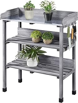 Yaheetech Garden Potting Table Outdoor Potting Bench W/Storage Shelf W/Metal Tabletop W/Hook 3 Shelves Workstation Work Benches Station for Backyard Gray