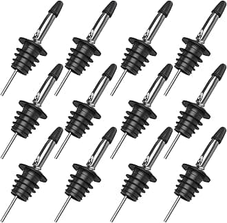 JoyTable Liquor Bottle Pourers for Alcohol - 12 Piece Speed Pourers for Liquor Bottles, Bartender Accessories, Tapered Liquor Pour Spout with Rubber Dust Caps, Olive Oil and Wine Pourer Bar Supplies