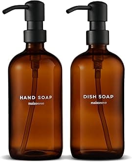 16 Oz Glass Soap Dispenser Bathroom 2 Pack w/Black Stainless Steel Pump | Amber Glass Soap Dispenser with Pump | Hand & Dish Soap Dispenser