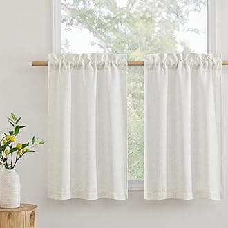 RYB HOME Sheer Valances for Windows, Linen Blend Breathable Boho Rustic Semi Translucent Privacy Protection Ties for Small Window Cafe RV Doorway, W 34 x L 30 inches, Linen, 2 Panels