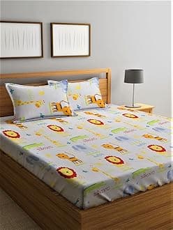 Home Sizzler 144 TC Microfibre Kids Animal Characters Elastic Fitted Double Bedsheet (72X78 inch) with 2 King Size Pillow Covers