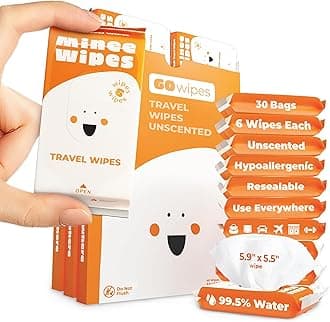 Impossibly Compact Travel Wipes - 99.5% Water - Safe for Sensitive Skin & Hypoallergenic, Resealable, Thick & Durable - For Adults, Kids & Baby Care - Unscented, 30 Pack Total 180 Wipes