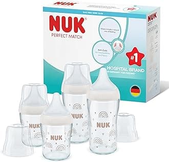 NUK Perfect Match Glass Baby Bottles Set | 3+ Months | Adapts to Baby's Palate | Temperature Control | Anti Colic Vent | 120 ml & 230 ml | BPA-Free | Silicone Teats | Rainbow | 4 Count