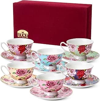 BTaT- Floral Tea Cups and Saucers with Gift Box, 8oz, Tea Cups Set of 6, Cup & Saucer Sets, Christmas Gifts