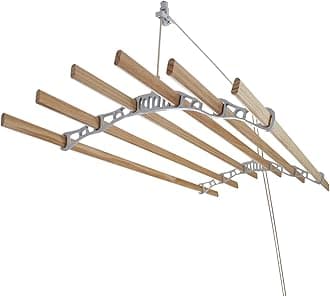 Clothes Airer Ceiling Pulley Maid Traditional Mounted Clothing Dryer 6 Lath Laundry Drying Rack Rail 1.4m White