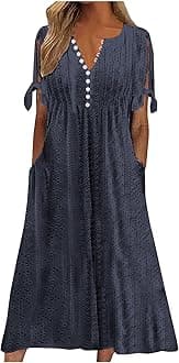 Elegant Summer Dresses for Women 2024 Trendy Tie Short Sleeve Button Down v Neck Eyelet Maxi Long Tshirt Dress