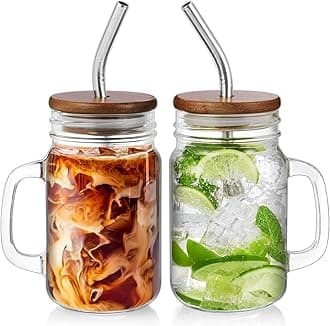 DRASTAR Iced Coffee Cup, 16 oz Mason Jar Cups with Handle, Small Glass Coffee Mugs with Straws and Acacia Lids, Drinking Glass Cups Set of 2, Smoothie, Overnight Oats Containers