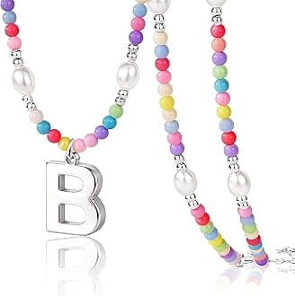 Easter Basket Stuffers for Teen Girls Kids Women, Initial Necklace for Little Girrs Bulk, Toddler Colorful Beaded Pearl Choker with Letter Pendant, Cute Personalized Jewelry Gift for Easter, Party, Birthday