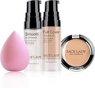 SACE LADY Waterproof Full Coverage Concealer With Primer Sponge Set, Smooth Matte Flawless Creamy Liquid Foundation Corrector Makeup Kit for Eye Dark Circles Spot Acne Scar Cover (Warm Natural)
