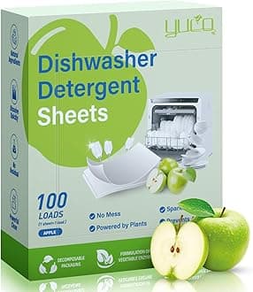 YUCO Dishwasher Detergent Sheets 100 Loads Liquid-Free Dish Soap Cleaner Strips Eco-Friendly No Plastic Dishwasher Pods Detergent Use in Dishwasher or Sink Leaving Dishes Sparkling Clean (Apple)