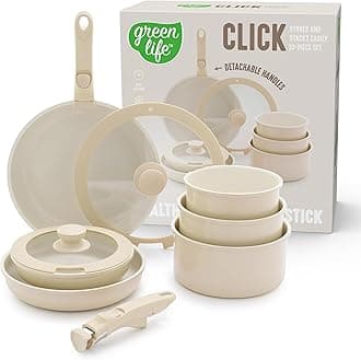 ClickPan 10-Piece Healthy Ceramic Nonstick Kitchen Cookware Pots and Frying Sauce Saute Pans Set, Detachable Handle, PFAS-Free, Induction, Glass Lid, Oven Save, Space Saving, Speckled Cream