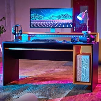 RestRelax - Avatar LED Gaming Desk, 160CM x 94CM x 70CM, Perfect for PC Gaming or Home Office, Black with Orange Tint