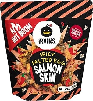 - IRVINS Hot Boom Spicy Salted Egg Salmon Skin Chips & Crisps – Premium Hand Cooked, Halal, Keto-Friendly, High Protein Snack, Dangerously Addictive, Real Salted Egg, Spicy, (3.3 oz, Pack of 6)