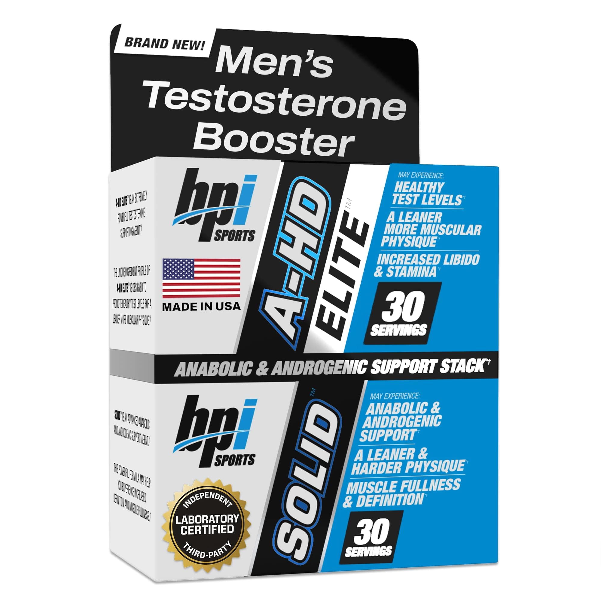 A-HD Elite/Solid Testosterone Booster for Men - Testosterone Supplement for Muscle, Strength, Libido & Performance Support - Promotes Natural Fat Loss – 30 Servings – 550mg