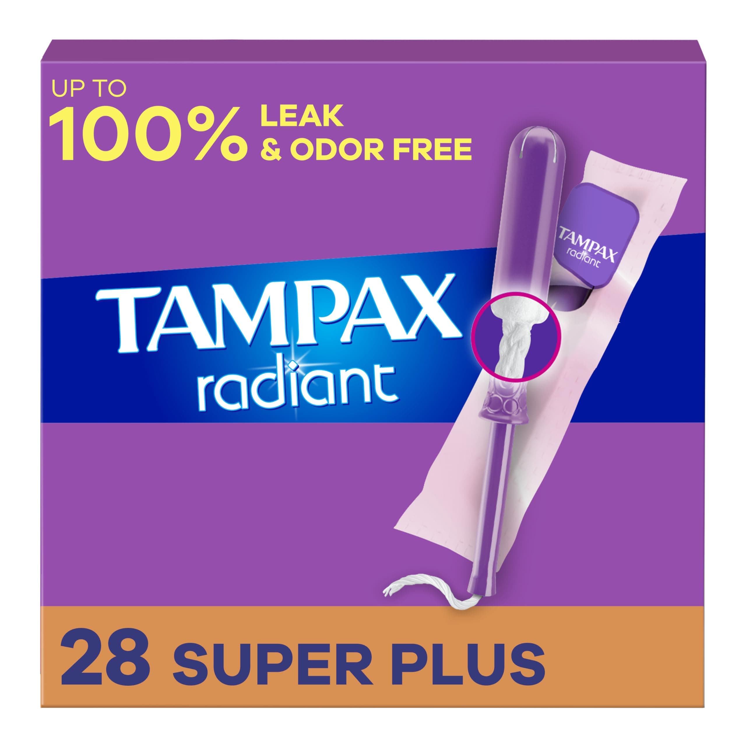 Tampax Radiant Plastic Unscented Tampons, Regular Absorbency, 32 Count