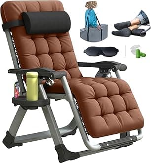 Oversized Zero Gravity Chair, XL Lounge Chair 29” Width, Padded Recliner Chair W/Removable Cushion & Adj Headrest, Storage Bag, Footrest Cushion, Cup Holder, for Indoor Outdoor, Brown