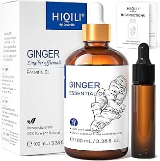 HIQILI Pure Ginger Essential Oil 3.38 Fl Oz, Pure Natural Premium Ginger Oil for Massage, Diffuser, Large Bottle with Dropper & Gift Box -100ml