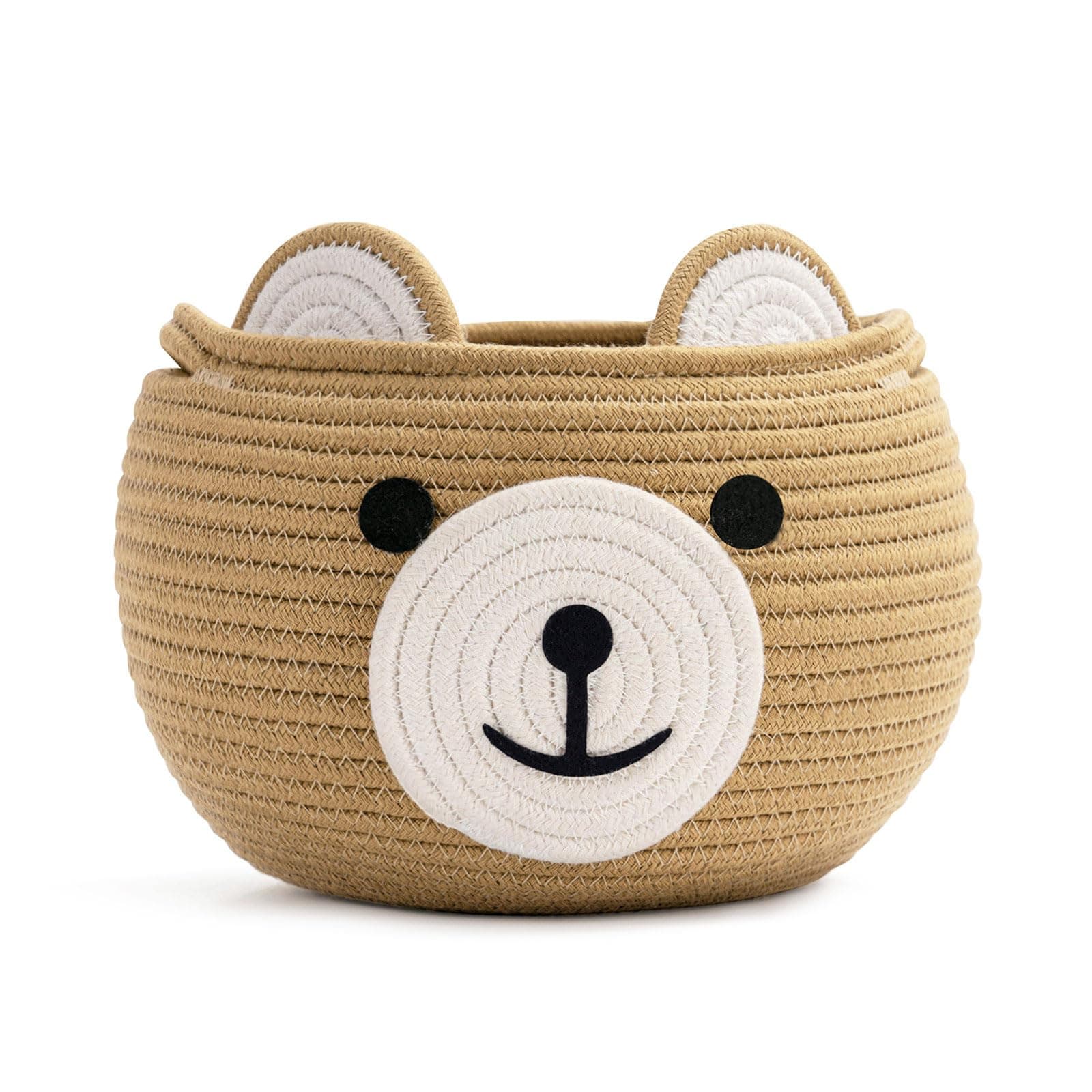 CherryNow Cotton Rope Baby Basket for Nursery, Bear Gift Baskets for Kids, Empty Baby Shower Basket with Handles, Small Cute Animal Baskets, Brown, 10.5"D x 8.5"H