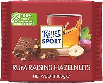Ritter Sport Rum Raisins and Hazelnuts Chocolate Bar, 100g, Chocolate Sharing Bar