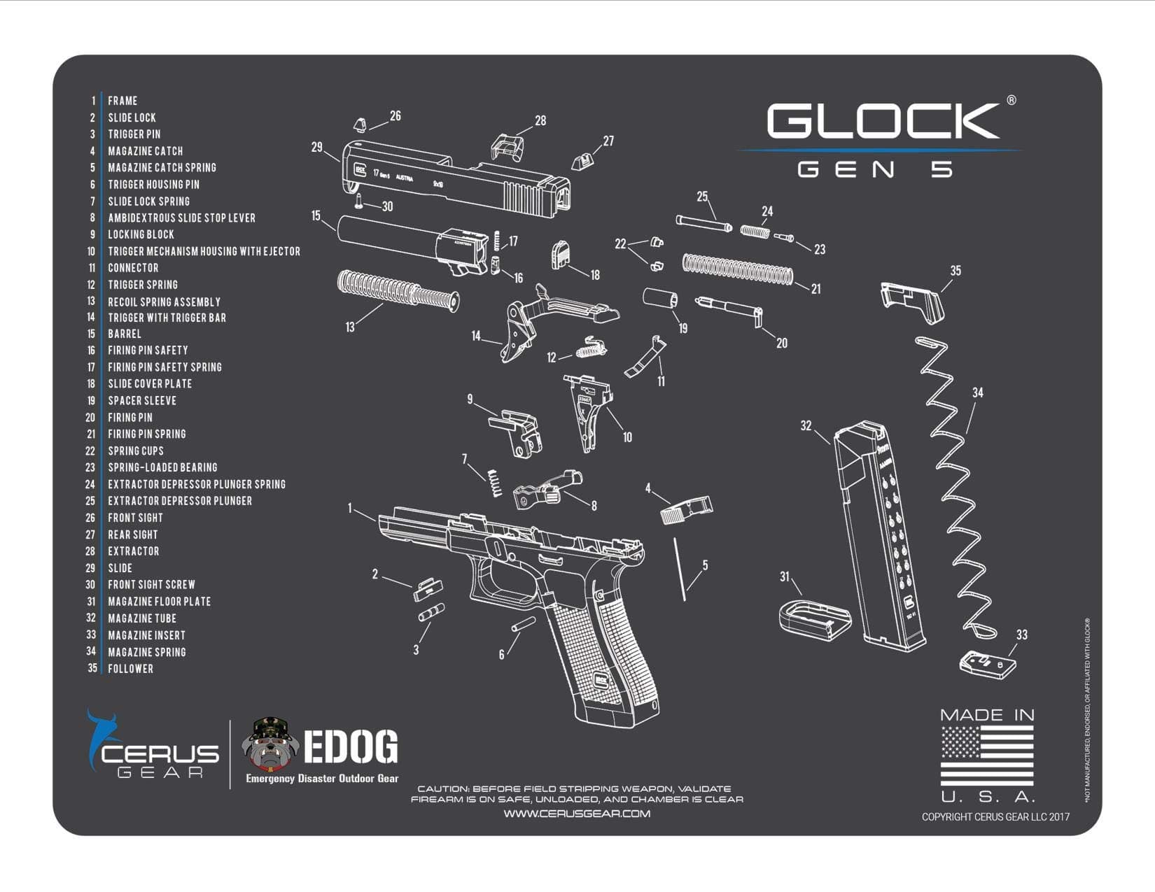 GEN5 Gun Cleaning Mat - Schematic (Exploded View) Diagram Compatible with Glock Gen5 Series Pistol 3 mm Padded Pad Protect Your Firearm Magazines Bench Surfaces Gun Oil Solvent Resistant