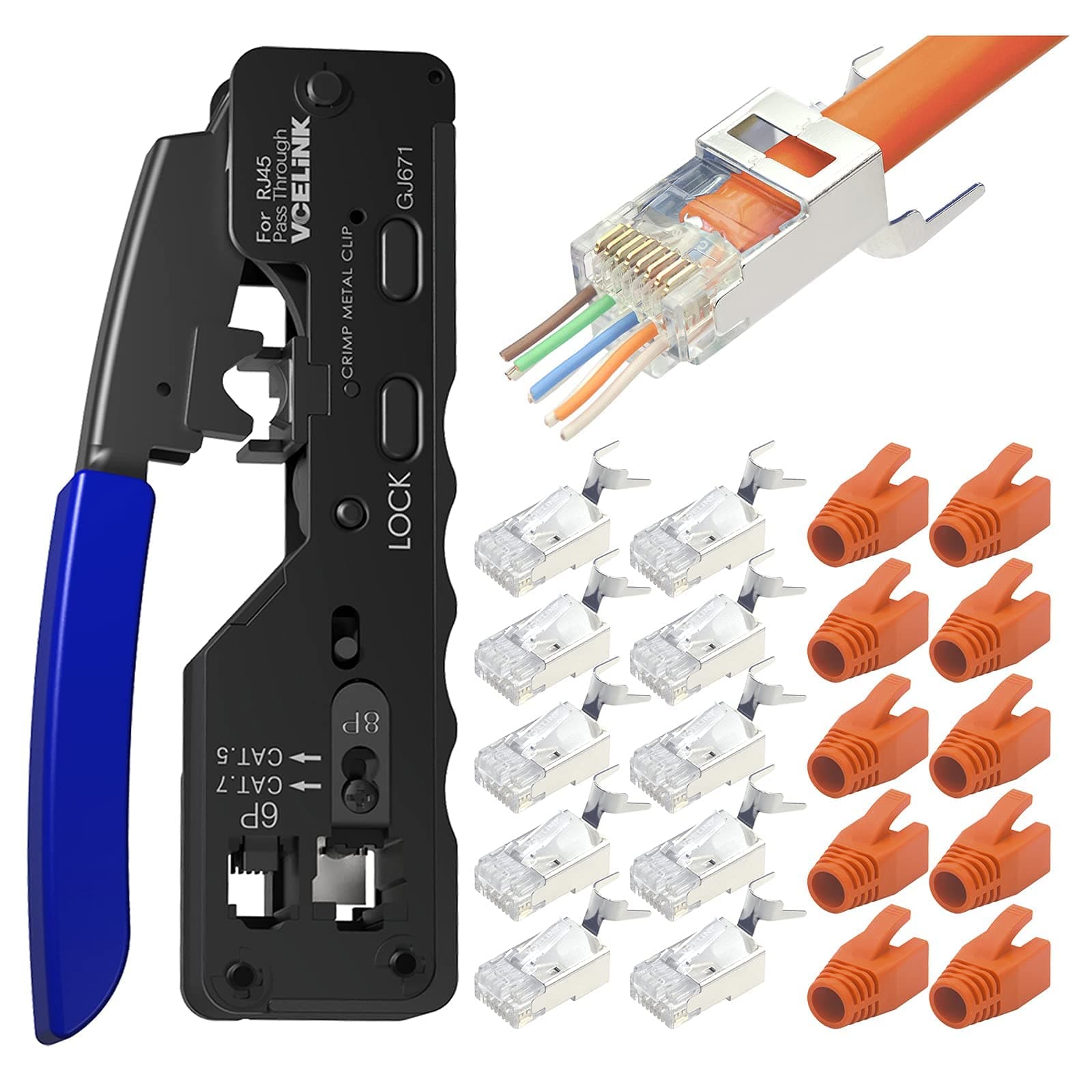 GJ671BL Crimp Tool RJ45 Network Crimper Professional RJ11 with 10PCS Cat7 Pass Through Shieled Connectors 10PCS RJ45 Boots Cover