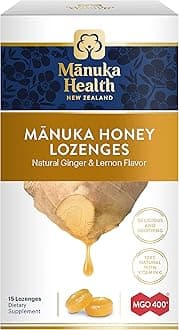 Manuka Health Manuka Honey Lozenges – 15 Lemon and Ginger Flavored Lozenges – Natural Throat Lozenges Infused with Raw Manuka Honey and Vitamin C for Immune Support