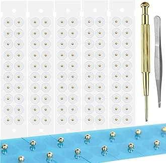 24K Gold Plated Acupressure Ear Seeds Kit 100 Pcs with Brass Probe & Tweezer | Ear Seeds Stickers for Immune & Digestive Health with Auricular Acupuncture Chart