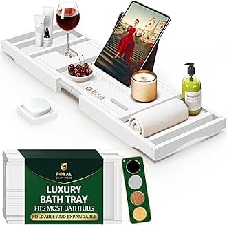 ROYAL CRAFT WOOD Premium Foldable Bathtub Tray - Wood Bath Tray for Tub, Bamboo Bathtub Shelf, Expandable Bath Table, Luxury Bathroom Accessories for New Home & Unique Gift for Women
