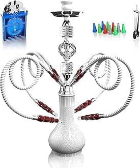 Hookah Complete Set with 4 Hose, 22'' Large Shisha Kit for Up to 4 Persons with Everything Included, Ceramic Bowl | Premium Hose | Beautiful Glass Vase (White OS1)