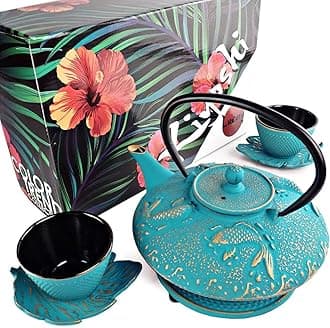 7PC Japanese Tea Set."Turquoise Koi" Cast Iron Tea Pot with 2 Tea Cups, 2 Saucers, Loose Tea Infuser and Teapot Trivet. Ceremonial Matcha Accessories