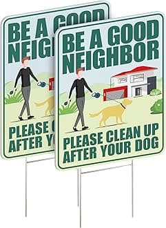 Clean Up After Your Dog Signs 2 Pack 12"x9" with Metal Stake, No Pooping Signs for Yard, Pick Up After Your Dog Signs