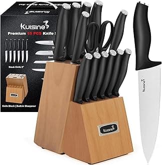 KUISINEChef Knife Set,High Carbon Stainless Steel Ultra Sharp Blade Ergonomic Handle,Kitchen Knife Block Set with Built-in Sharpener, Elegant Gift for Holiday(Acacia,15PCS)
