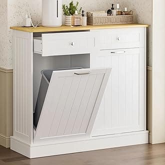 GAZHOME 20 Gallon Double Tilt Out Wooden Trash Cabinet with Charging Station, Upgrade Free Standing Recycling Cabinet with Outlet,White