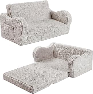 MOMCAYWEXKids Extra Wide Chairs for Toddler, 2-in-1 Toddler Soft Sherpa Couch Fold Out, Convertible Sofa to Lounger for Girls and Boys, Grey