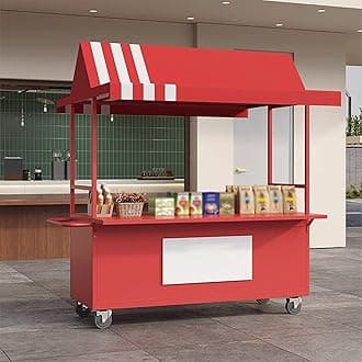 Mobile Cart with Wheels Selling Food, Vending Iron Cart with Canopy, Customizable Logo, for Street Food, Handicrafts, Snacks(Red)