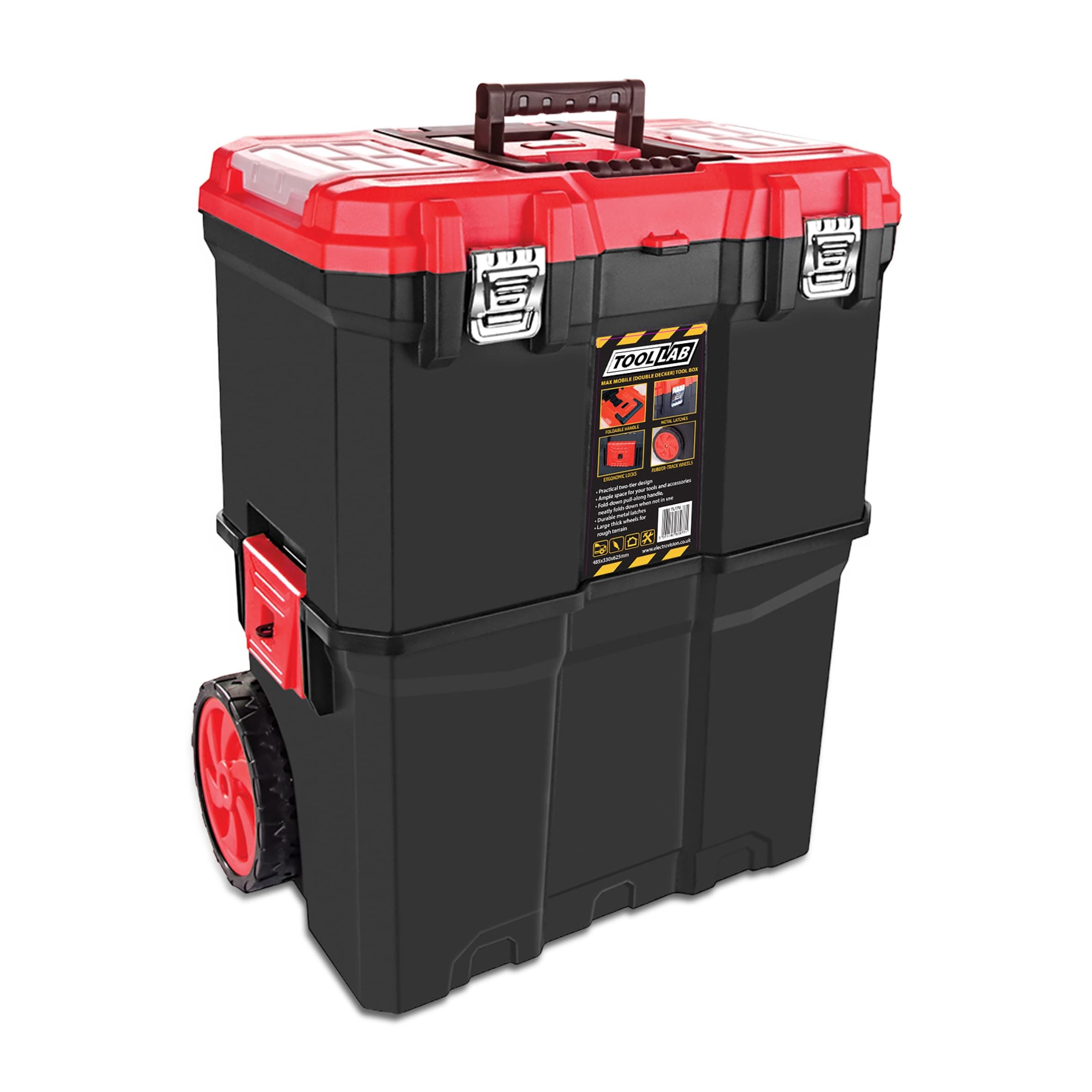 Mobile Rolling Tool Box 2 Tier Stacking Pull Along Handle With Metal Latches, Rubbed Wheels For Home Red