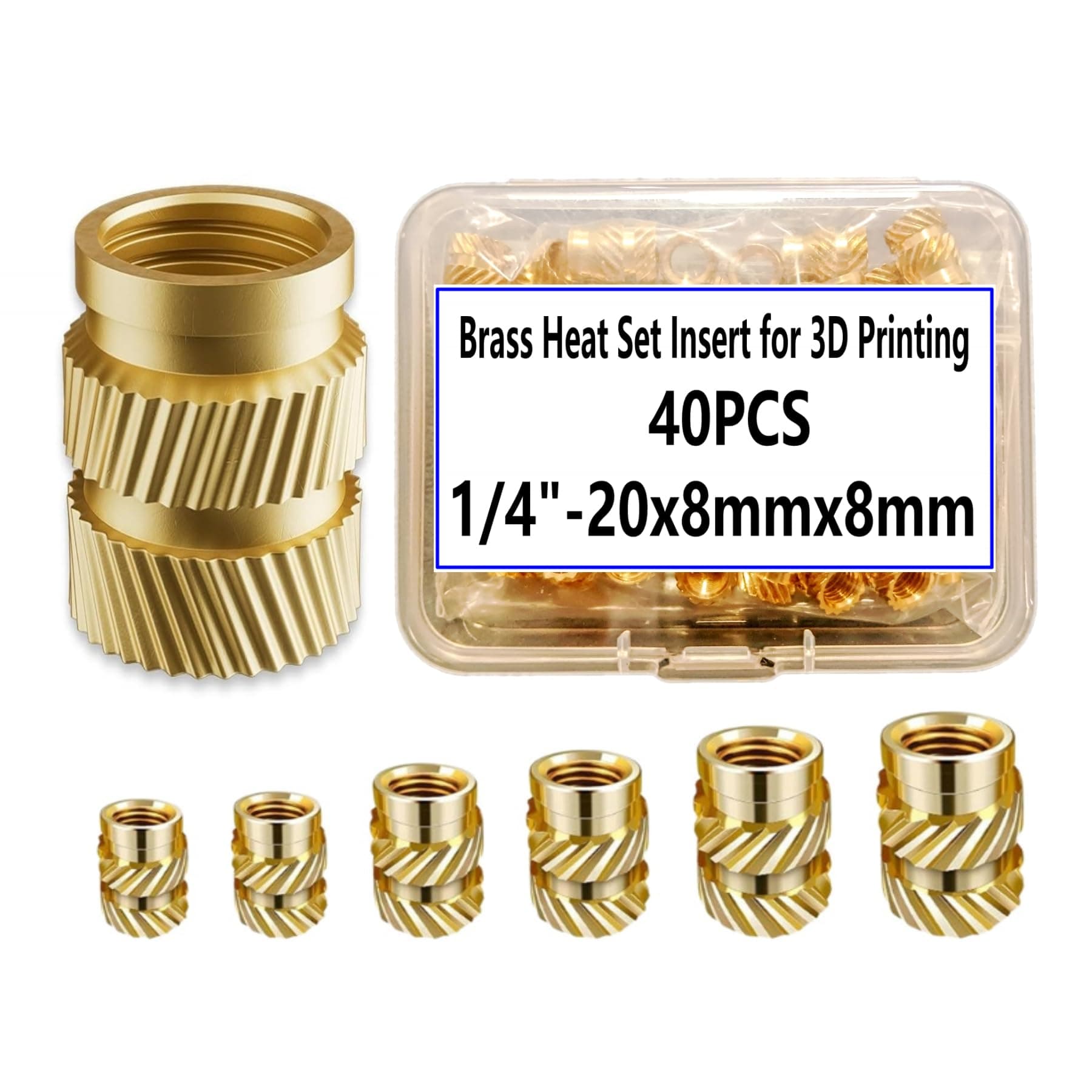 40pcs 1/4" Brass Threaded Inserts, UNC Knurled Nuts, 1/4"-20x8x8 Heat Set Insert for 3D Printing Components and Plastic Parts