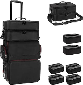 Large Makeup Train Case with Makeup Travel Bag and 4 Clear Makeup Bags for Hairstylist, Hairdresser Bag with Detachable Pouch,Heat Insulation Anti-scalding for Hairdressing Organizer Big wheels