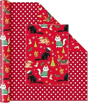 WERNNSAI Cat Christmas Wrapping Paper Jumbo Roll - 1 Roll 17” x 33 ft Cat Red Kids Christmas Wrapping Paper Birthday Party Gift Funny Christmas Wrap Decoration Polka Dot