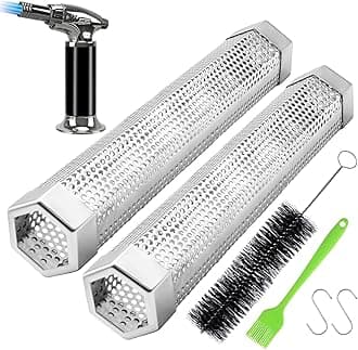 Pellet Smoker Tube, 2 Pack Smoker Tube with Butane Torch and 2 Hooks 2 Brushes, Smoker Tube for Cold/Hot Smoking (2 Pack 12'' Smoker, Butane Gas Not Included)